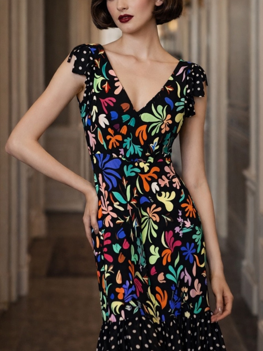 RIXO Ossy 100% Silk Floral Maxi Dress Black Polka Dot Hem 38505